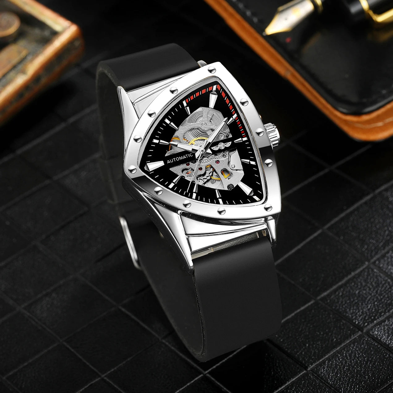 WINNER High Quality Watch for Men Triangle Steel Skeleton Mechanical Automatic Movement Clockwork Waterproof Rubber strap Wrist