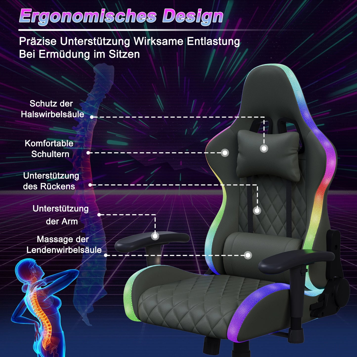 Fangange Gaming Chair with Massage Function, Adjustable backrest,Computer Chair,with ambient light,Lumbar Cushion, Pillow,150 KG