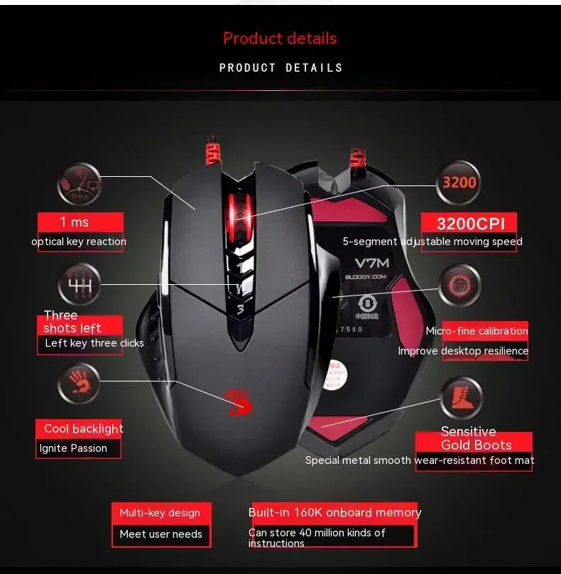 Káblová myš Bloody V7M RGB, ľahká ergonomická konštrukcia, 4000dpi, pre PC, kanceláriu, e-športy a gaming, s programovaním makier pre CF LOL CS