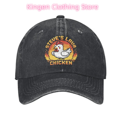 Unisex Chicken Jockey Lava Chicken Print Steves Hat Fashion Distressed Washed Baseball Cap Adjustable