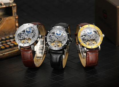 SKROX automata mechanikus férfi karóra, szkeleton modell GMT funkcióval, holdfázis-kijelzővel és tourbillon-nal – Elegáns és eredeti, csúcsminőségű luxusóra.