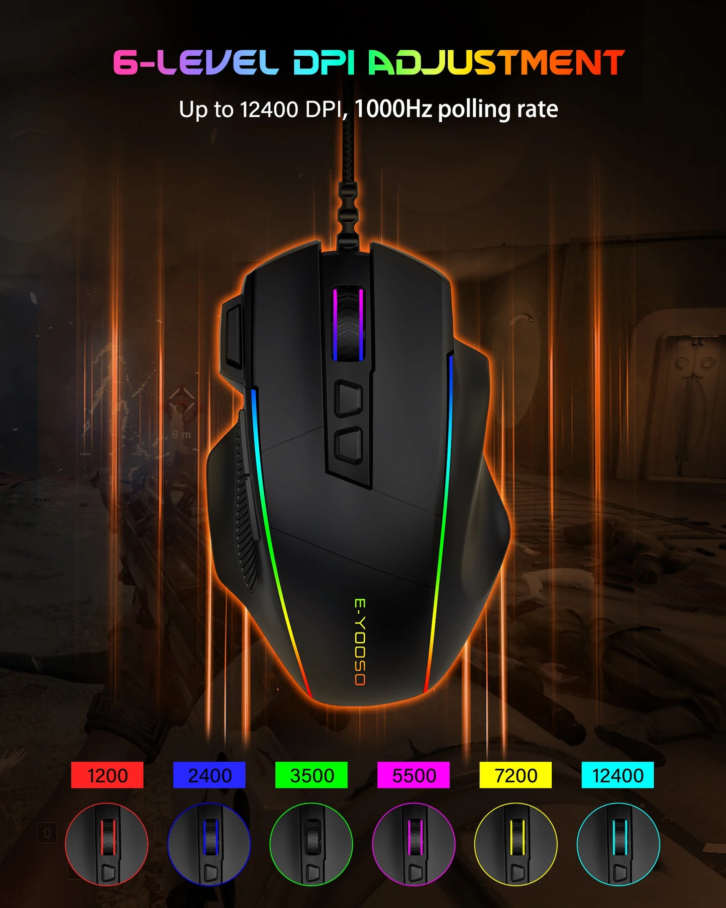 E-YOOSO X49 žični gaming miš, podesivih 12400 DPI, RGB pozadinsko osvjetljenje, 8 programabilnih tipki, ergonomski gamerski miš za PC i prijenosno računalo