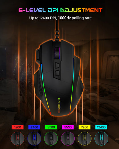 E-YOOSO X49 žični gaming miš, podesivih 12400 DPI, RGB pozadinsko osvjetljenje, 8 programabilnih tipki, ergonomski gamerski miš za PC i prijenosno računalo