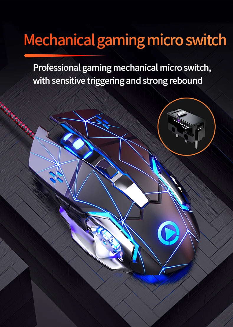 Rato Gaming USB com Fio, 6 Botões, Retroiluminado, Ergonómico, DPI Ajustável, Rato Ótico para PC Gamer e Computador de Secretária