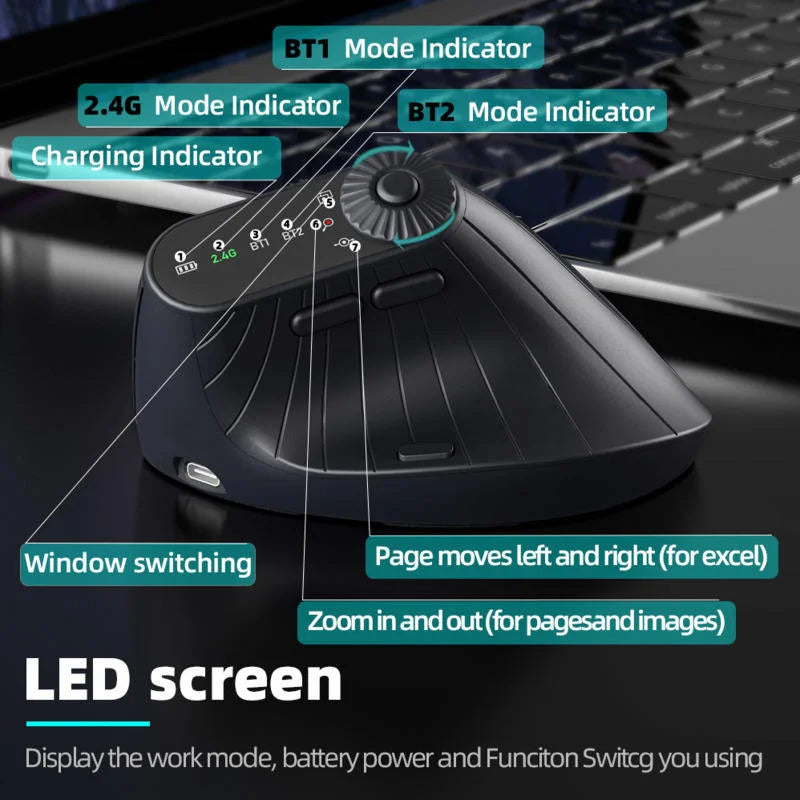 Rato gaming vertical sem fios ergonómico 2.4GHz BT RGB, modo duplo, para portátil, computador de secretária e escritório, silencioso