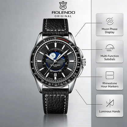 ROLENDO 1908 Men Automatic Mechanical Watch 21 Jewels Black Genuine Leather Business Wristwatch Waterproof Luxury Male Timepiece