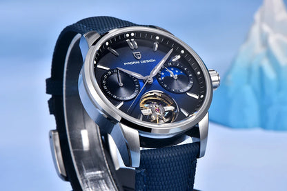 PAGANI DESIGN – Mekanisk luksusur til mænd, 41 mm, safirglas, læderrem, vandtæt, pilotstil, med tourbillon og månefase
