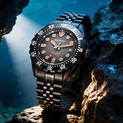 BERNY Automatic Diver Watch for Men Frosted Dial MIYOTA 8215 316L Supper Luminous Sapphire AR Fluororubber Men's Diving Watches