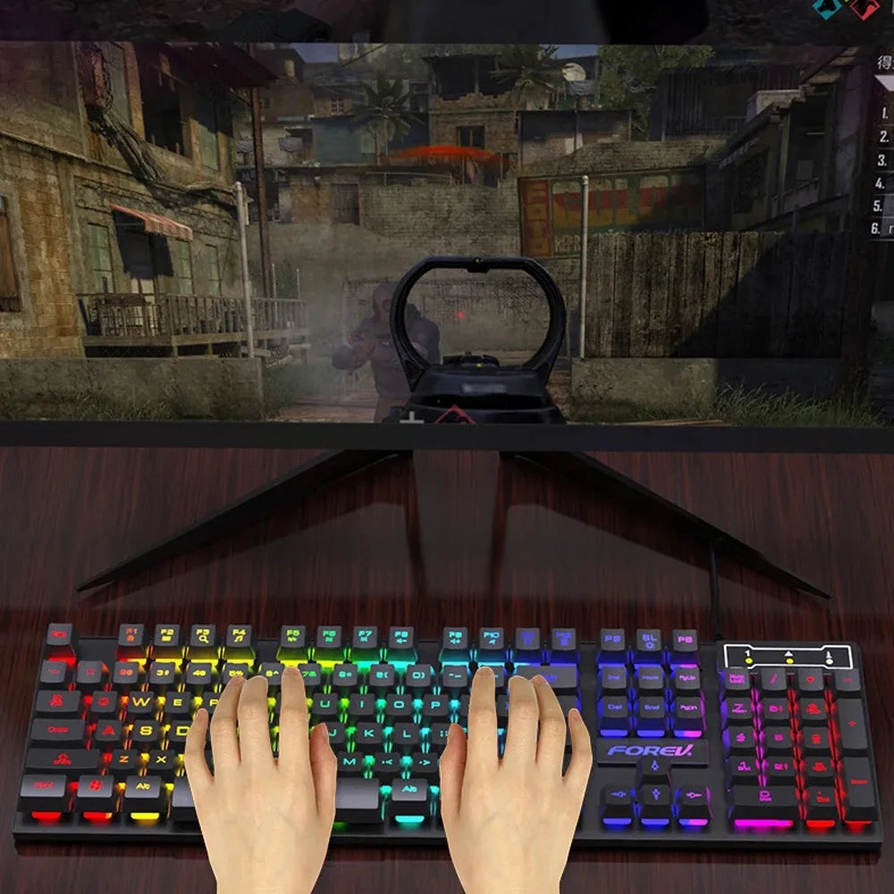 Teclado Gaming com Fio de 104 Teclas com Sensação Mecânica para Portátil e PC, Ergonómico, Retroiluminado RGB, 61 Teclas, Switches Cyan e Keycaps