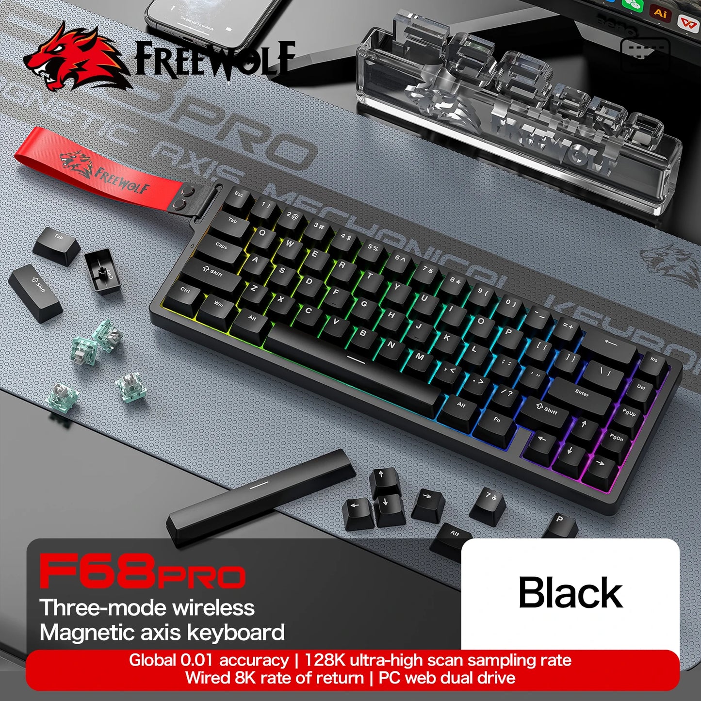 FREEWOLF F68 F68PRO Magnetic Gaming Keyboard Mechanical Wired for Pro Gaming 0.01mm Rapid Trigg 8000Hz SOCD/RS 0.1ms 128K Rate