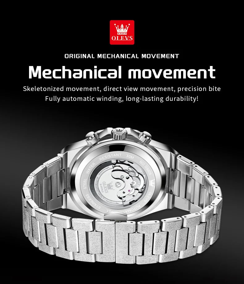OLEVS 9805 Skeleton Automatic Man Watch Luxury Fashion Matte Texture Full Diamond Moon Phase Waterproof Mechanical Wristwatches