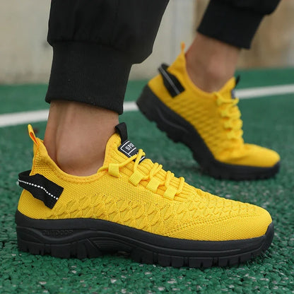 Men's Bright Yellow Outdoor Sneakers Breathable Mesh Construction Shock Absorbing Sports Shoes Stylish Trendy Adventure Footwear