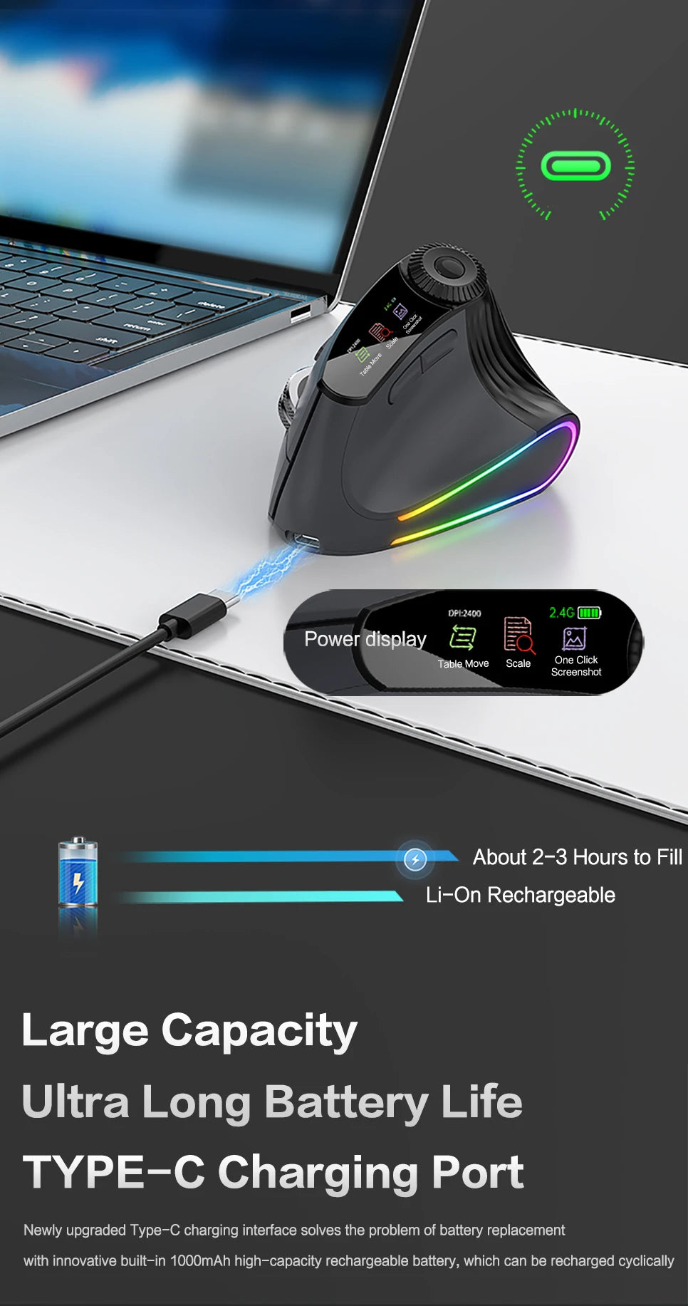 Jomaa RGB podświetlana bezprzewodowa pionowa mysz Speed Roller z pokrętłem regulacji funkcji, Bluetooth USB, ergonomiczna, ciche kliknięcie