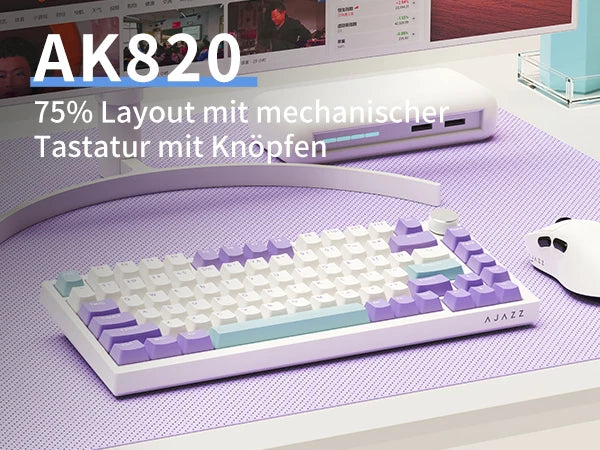 German Version Ajazz Ak820 Gaming Mechanical Keyboard, German Keyboard, Iso-De Layout Qwertz Hot-Swappable Volume Knob, Holiday Gift