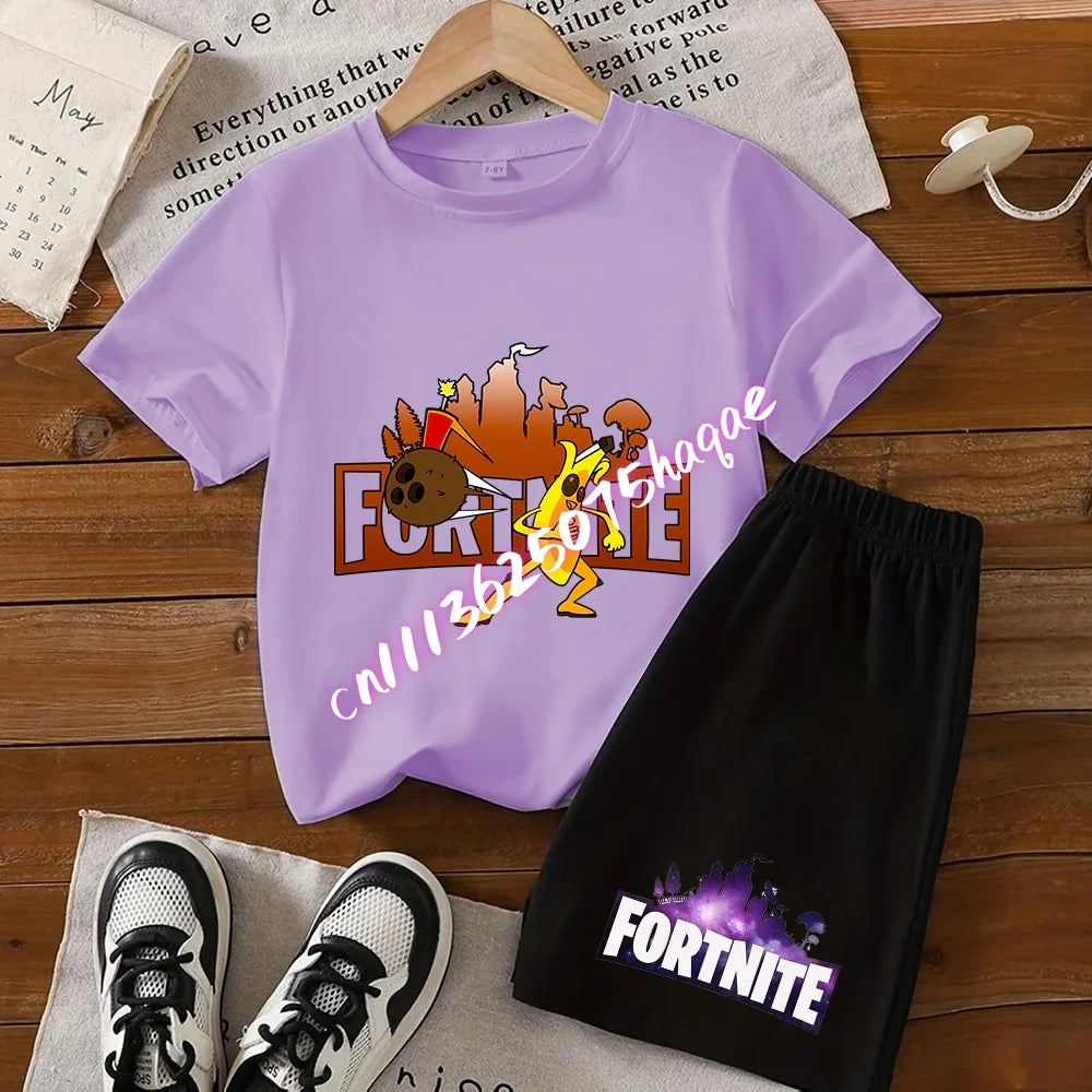 Fortnites Series T-shirt Shorts Suit for Children Hot Game Top and Pants Set Summer Cute Home Loungewear Outfit Birthday Gift
