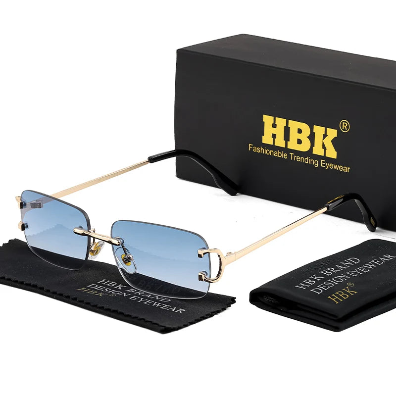 HBK Retro Rimless Sunglasses For Women Men Small Square Gold Frame Brand Design Tea Shades Rectangle UV400 Zonnebril Eyewear