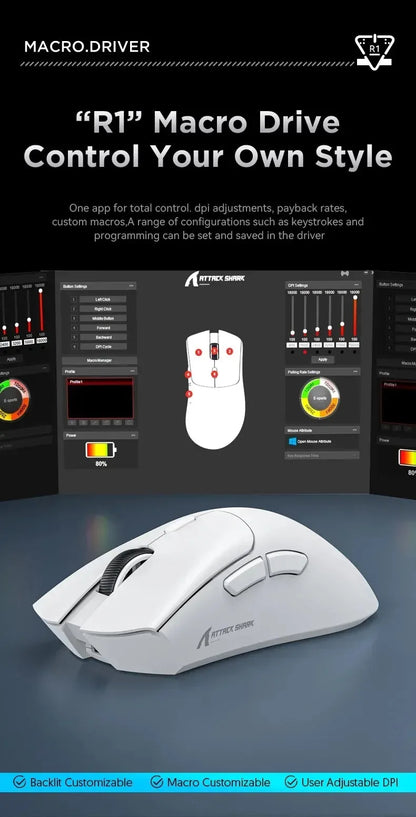 ATTACK SHARK R1 59g ultralätt mus med PAW3311, 18000DPI, 400IPS, 40G, 1000Hz, Tri-Mode, Broadcom BK3633 Master, 20 miljoner klick