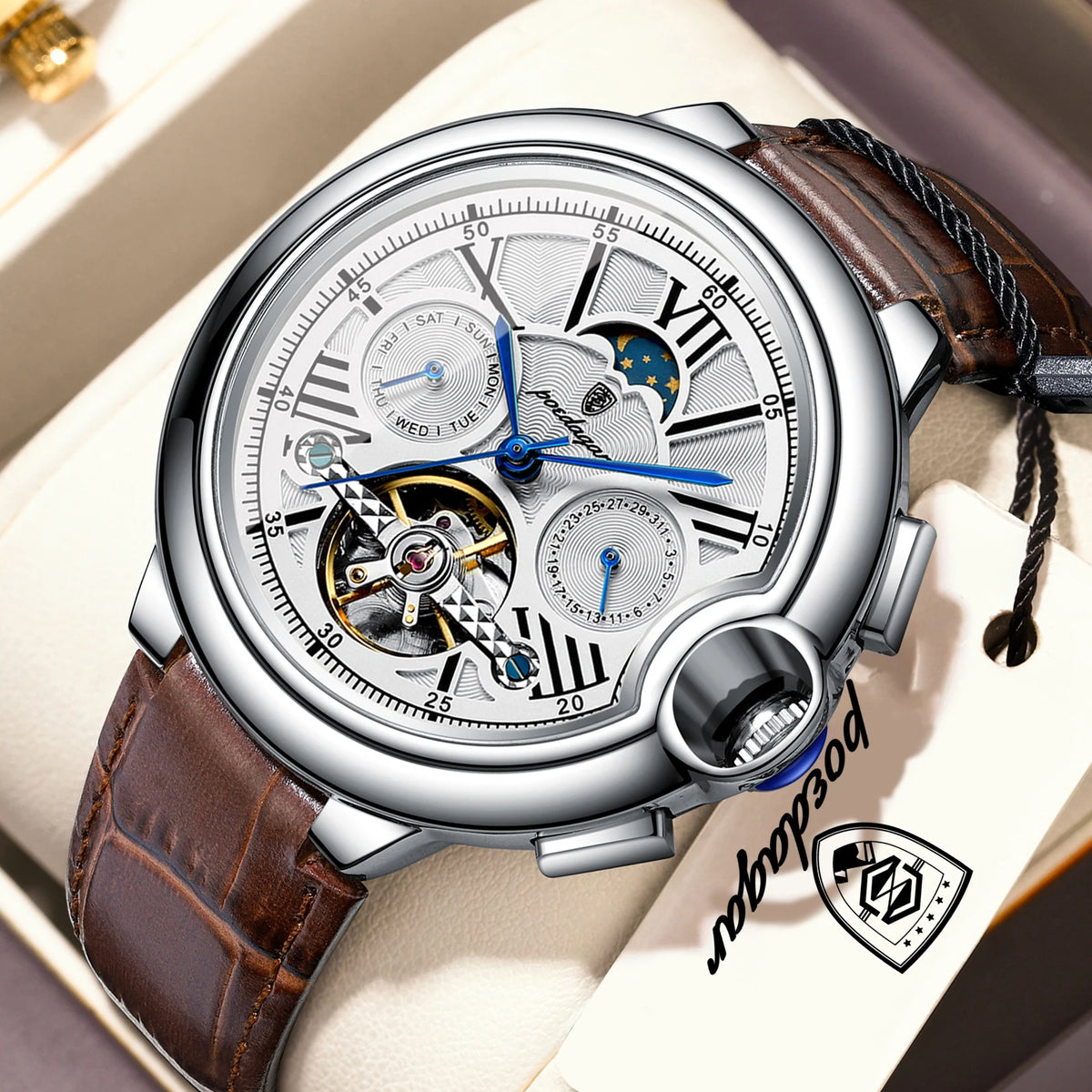 POEDAGAR luxus férfi karóra – Mechanikus automata modell dátum- és napkijelzéssel, bőr szíjjal, tourbillon-mechanizmussal, vízálló, elegáns és professzionális stílusú.