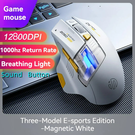 Ratón gaming Inphic A9 pro trimodo con indicador de batería, iluminación colorida, DPI ajustable, controlador macro, diseño ergonómico y 12800DPI