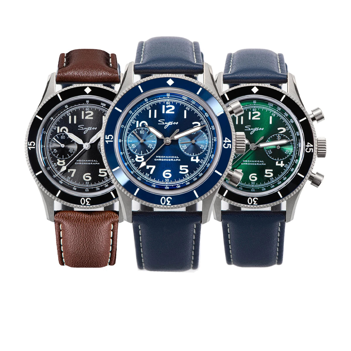 Sugess Pilot Watch Handwind Chronograph Mechanical Wristwatches Luminous Skeleton Men Watches Crystal Sapphire Leather New 2022