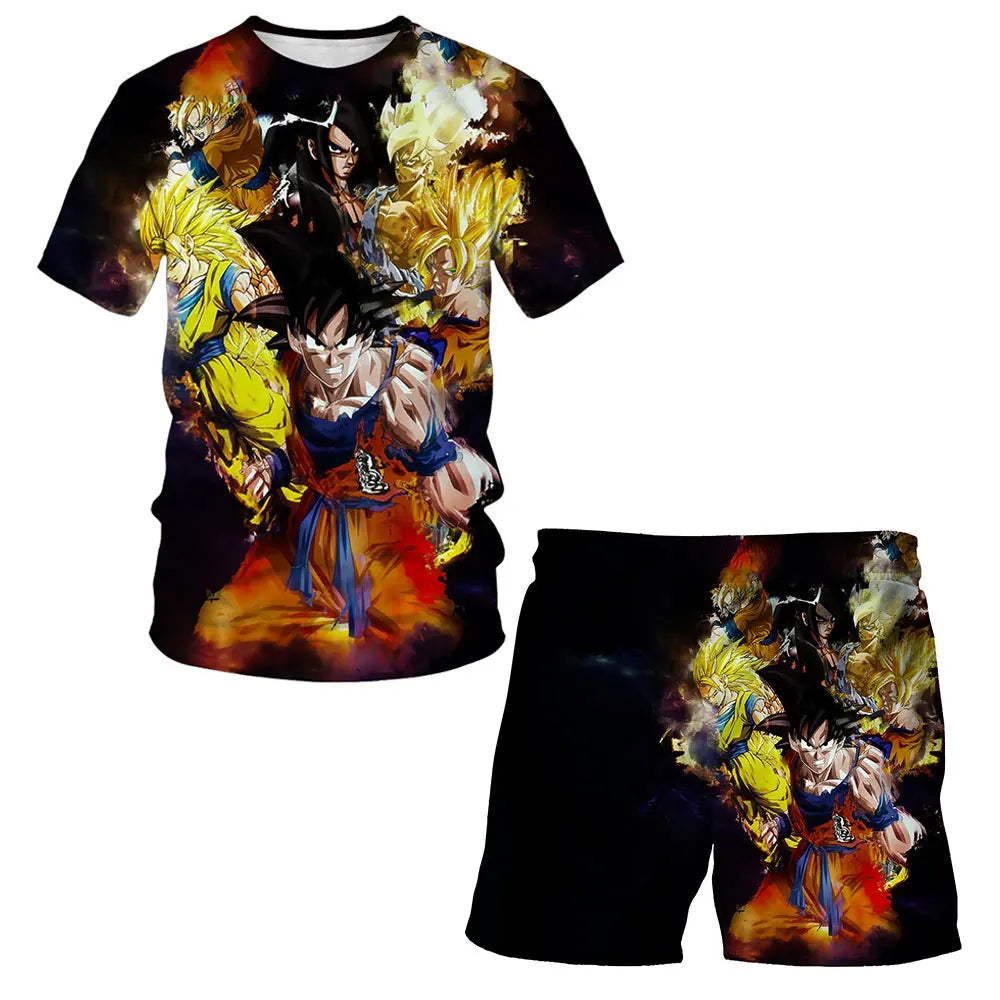 Japanisches Cartoon-Dragon-Ball-Z-T-Shirt, Kinder-Oberteil, T-Shirt- und Shorts-Zweiteiler für den Sommer, Jungen-T-Shirt + Shorts, Strandshorts