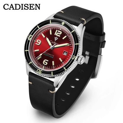 CADISEN 2026 Watch Men Mechanical Wristwatches MIYOTA 8215 Movement Genuine Leather Strap Waterproof Luminous Red Mens Watches