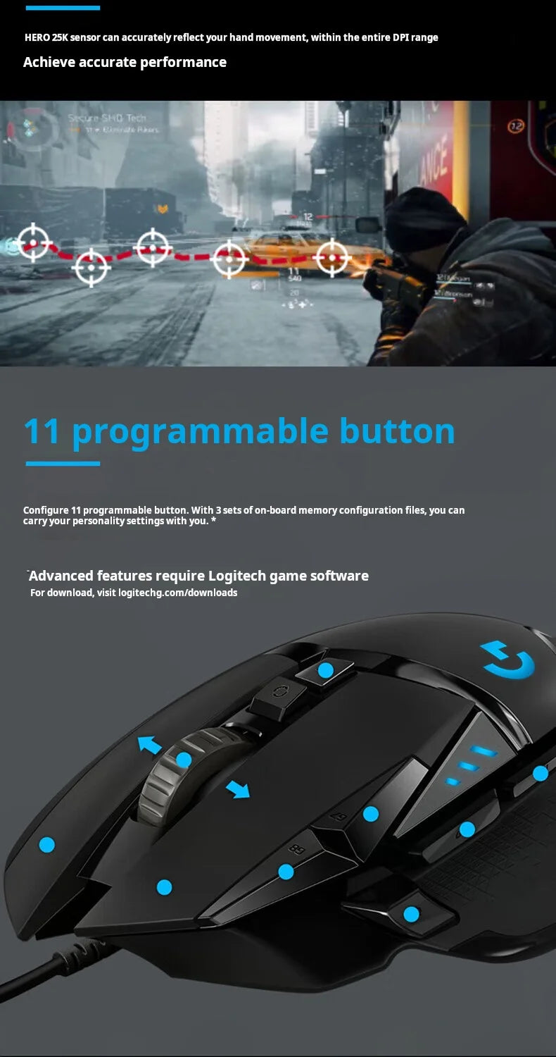 Logitech G502 HERO nagy teljesítményű vezetékes gamer egér HERO 25K érzékelővel, 25,600 DPI, RGB, állítható súlyok, 11 gomb, PC/Mac egér