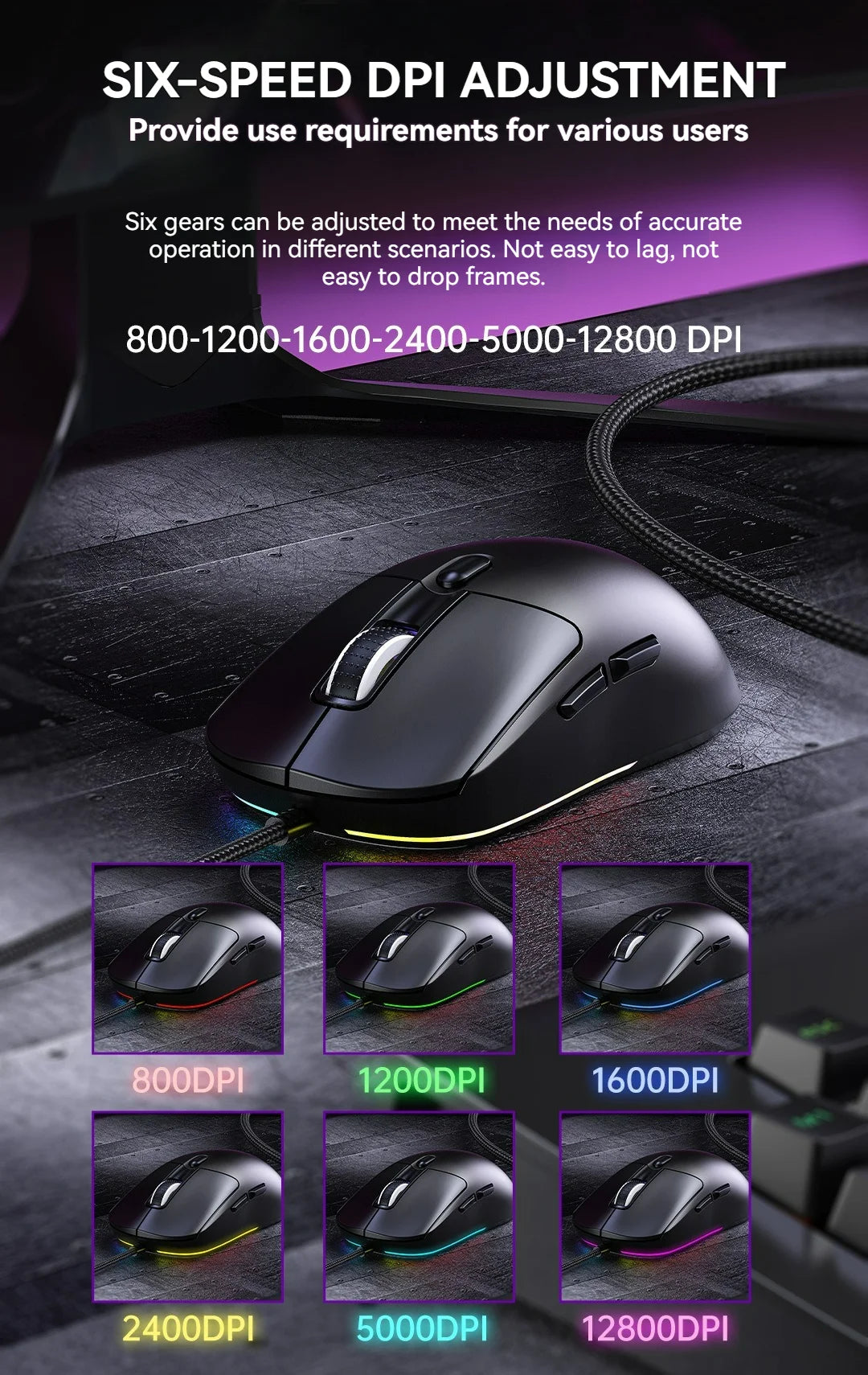 Langallinen pelihiiri, 6 DPI-tasoa, säädettävissä jopa 12800DPI:hin, Instant A825 -siru, RGB-makro-ohjelmointi, ergonominen muotoilu, universaali hiiri
