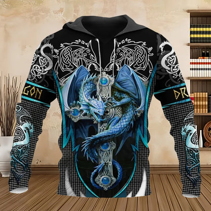 Spring Autumn Long Sleeve Tattoo Dragon 3D Printed Men Hooded Hoodies Sweatshirt Unisex Streetwear Pullover Casual Tracksuits