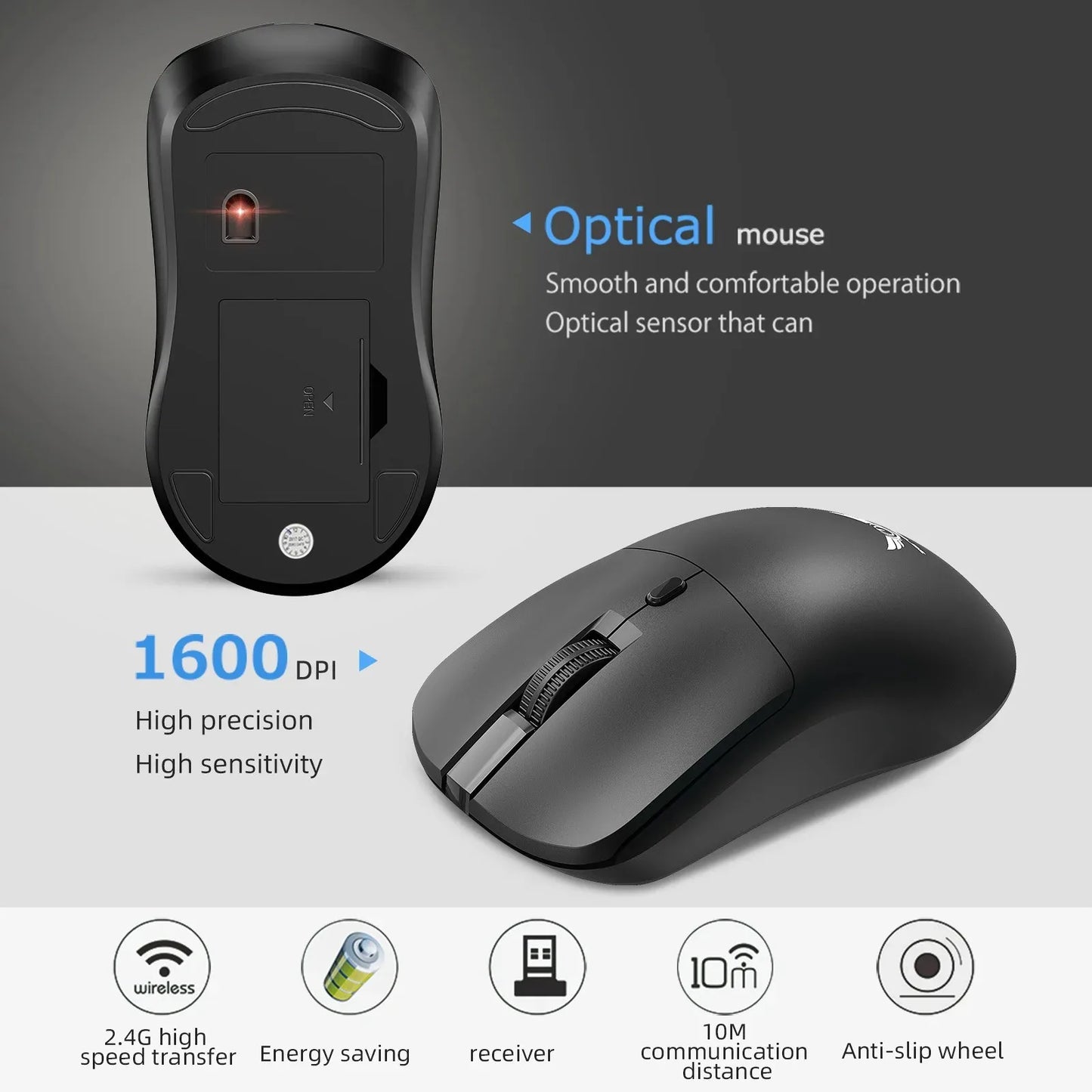 Wireless Mouse 2.4G Ergonomic Gaming Mouse Rechargeable 800/1200/1600DPI Mice for E-Sports Office Desktop Computers Laptop