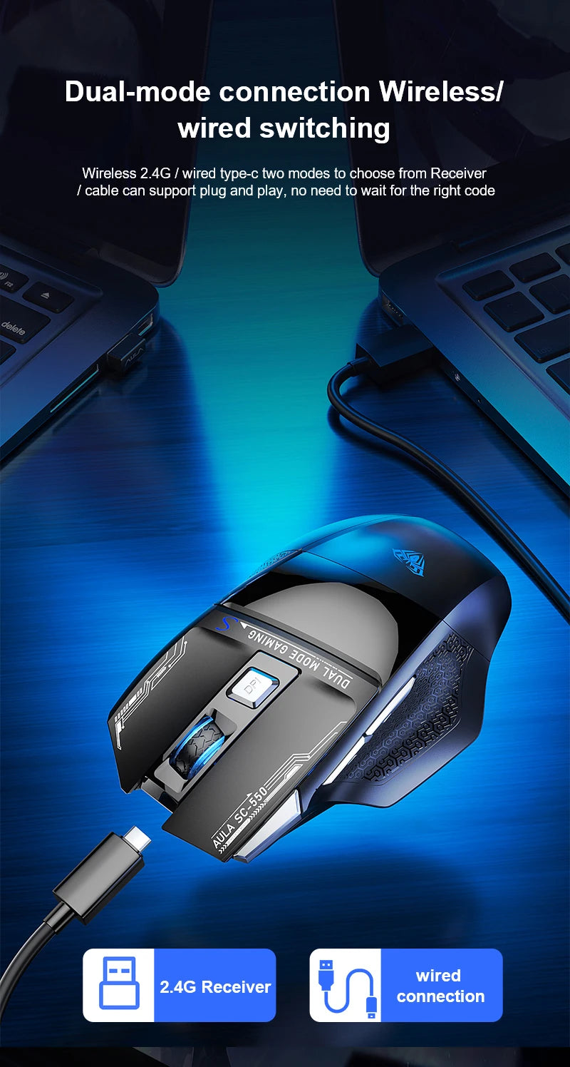 Mysz gamingowa AULA SC550 2.4G, bezprzewodowa mysz z makrami, podświetleniem RGB i ergonomiczną konstrukcją, mysz e-sportowa, akcesoria do PC