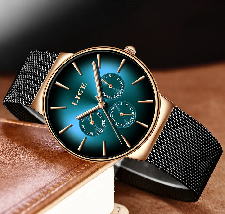 Relógio feminino LIGE, elegante e moderno – Estilo desportivo e descontraído, bracelete em malha, movimento de quartzo, indicação da data e do dia, resistente à água.