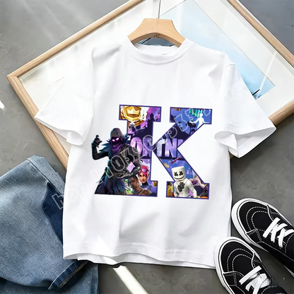 Fortnite A-Z Alphabet Print T Shirt Summer Kids White Clothing Popular Cartoon Game T Shirt Fashion Casual Short Sleeve Top Gift