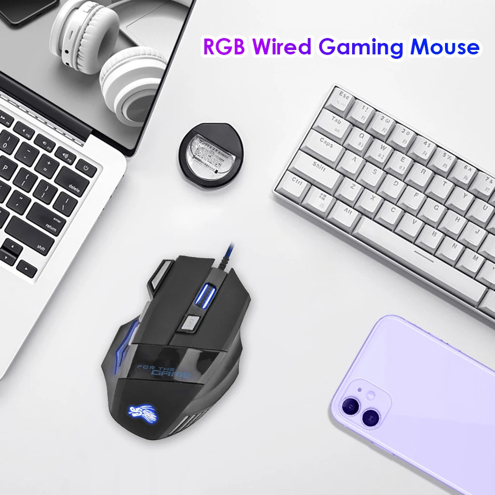 Kabelgebundene Gaming-Maus mit 7-Farben-Hintergrundbeleuchtung, 5500 DPI einstellbar, schwarz, optische kabelgebundene Computer-Gaming-Maus für PC-Gamer und Desktop-Computer