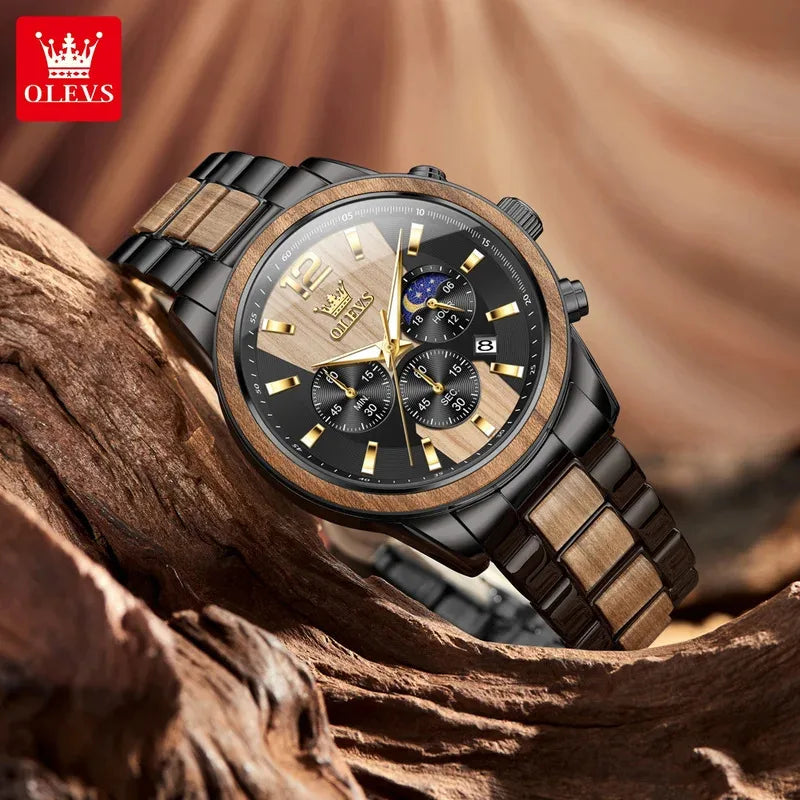 OLEVS 3645 Herrenuhr aus Holz, luxuriös, mit Nachtbeleuchtung, multifunktionalem Chronographen, Quarzwerk, Retro-Stil, trendige Sportuhr.