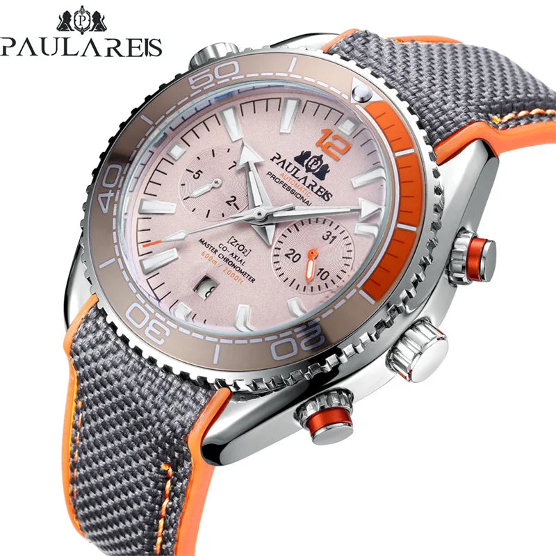 PAULAREIS P Relógio mecânico automático de luxo para homem com corda automática, bracelete em borracha, impermeável, luminoso, com data, relógio de moda masculino