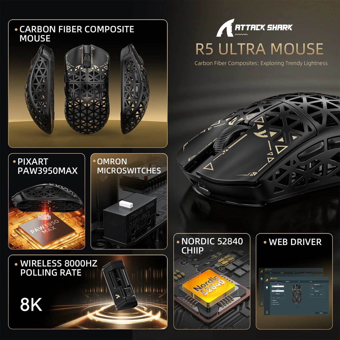 ATTACK SHARK R5 Ultra Carbon Fiber trådløs gamingmus, PixArt PAW3950MAX gamingsensor, 42000DPI, 8000Hz, MCU Nordic 52840