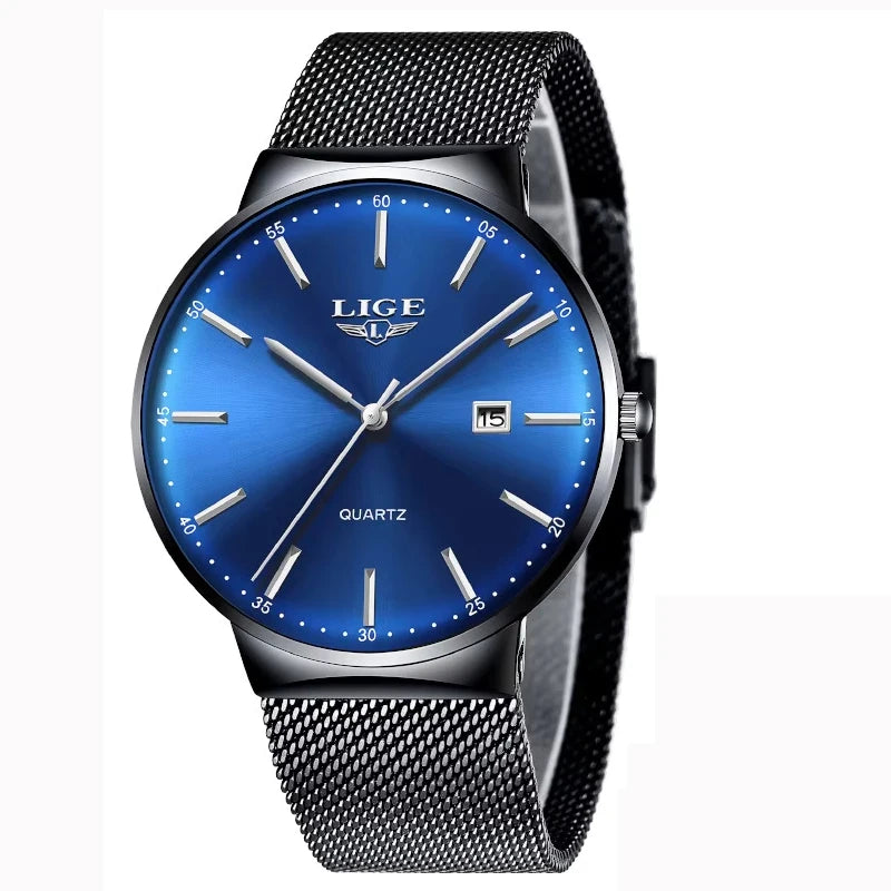 LIGE herenhorloge, elegant en luxueus model, ultradun, waterdicht, met een maasband, quartz-uurwerk, datum- en kalenderweergave – ideaal voor een professionele stijl.