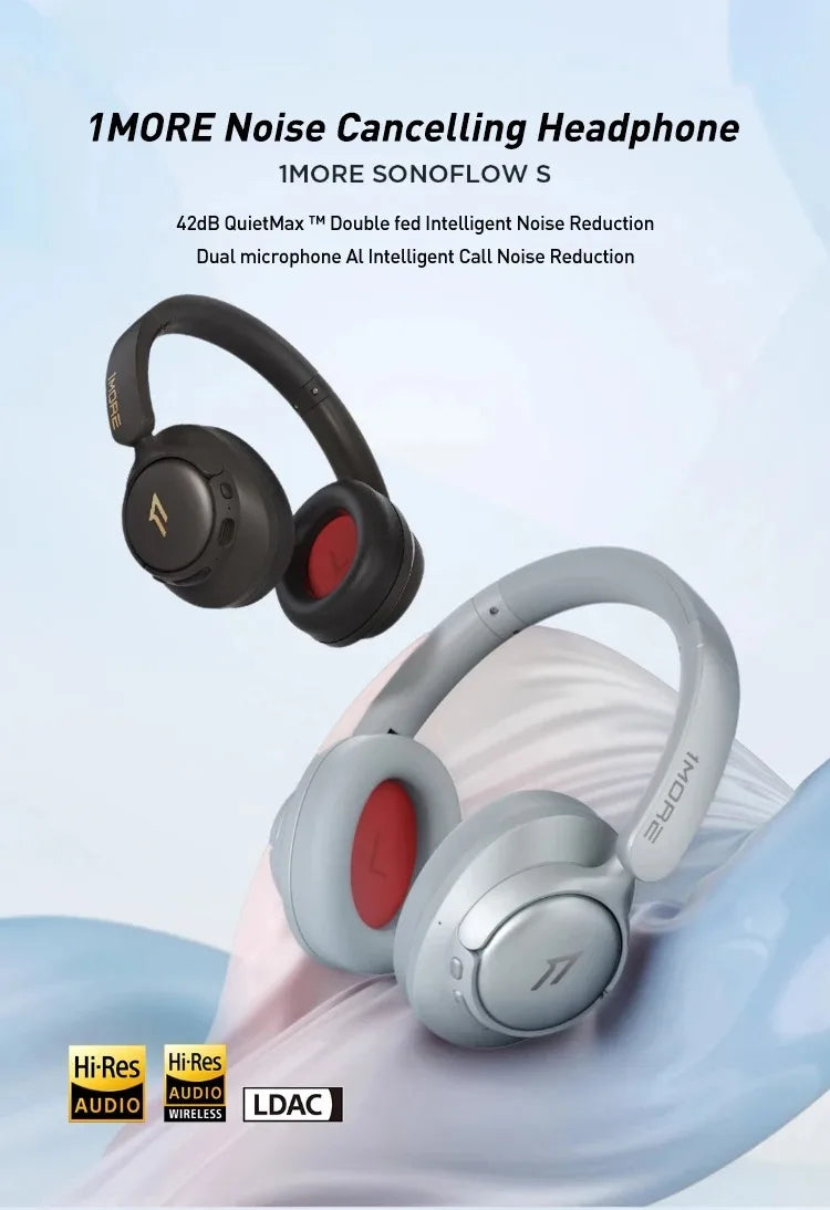 1MORE SonoFlow S Active Noise Canceling Wireless Headphones 42dB ANC Bluetooth Headsets Hi-Res Audio 90H Playtime