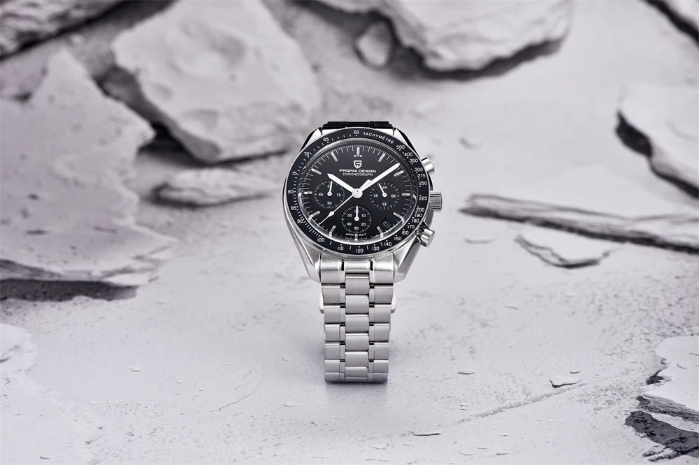 Pánske hodinky PAGANI DESIGN „New Moon“ – luxusné quartzové hodinky, chronograf, zafírové sklo s antireflexnou úpravou, keramický rámček, luminiscenčné ručičky