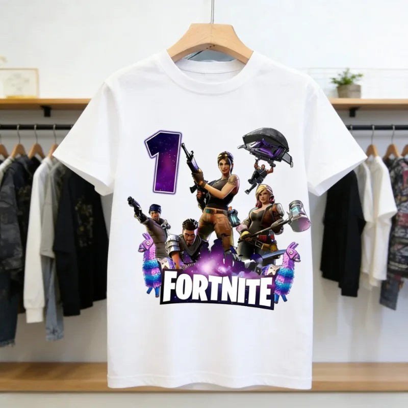Dziecięca koszulka urodzinowa Fortnites z numerem dla dziewczynek i chłopców, letnia bawełniana koszulka dla niemowląt, imprezowy top z krótkim rękawem, prezent dla malucha