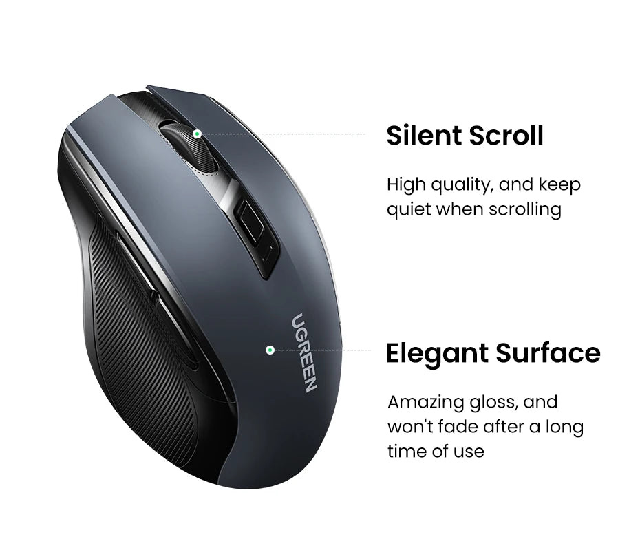 Mouse wireless UGREEN Bluetooth 5.0 ergonomico 4000DPI con 6 pulsanti silenziosi per MacBook, tablet, laptop, computer e PC, mouse 2.4G