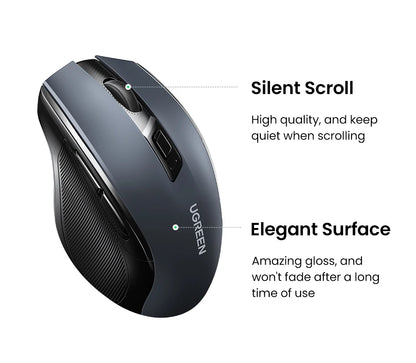 Mouse wireless UGREEN Bluetooth 5.0 ergonomico 4000DPI con 6 pulsanti silenziosi per MacBook, tablet, laptop, computer e PC, mouse 2.4G