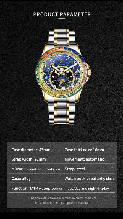 GLENAW Watches Original Design Diamond Constellation Rotating Dial Stainless Steel Luxury Men's Automatic Mechanical Watch P8719
