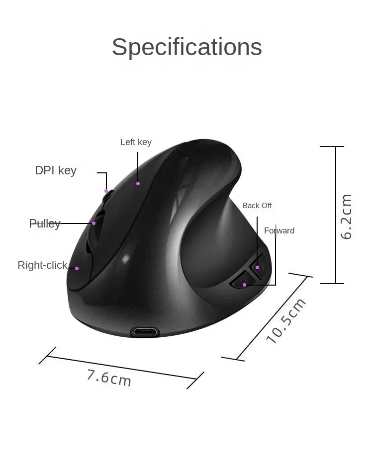 BTS-908 Najbolje prodajana polnilna navpična ergonomska brezžična miška z 2.4G USB sprejemnikom, nastavljivo ločljivostjo 1600 DPI in 6 gumbi