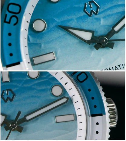 WISHDOIT Automatische Taucheruhr für Herren mit ozeanblauem und weißem Wellenschliff-Zifferblatt, 8215-Uhrwerk und Saphirglasablytyped