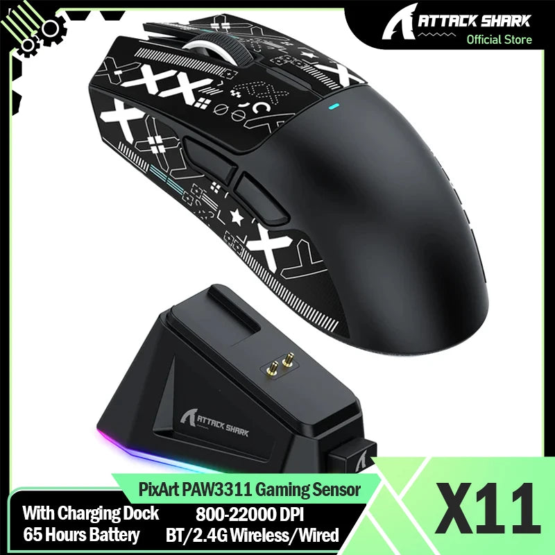 ATTACK SHARK X11 bežični gaming miš s punjačem, gaming senzorom PixArt PAW3311, BT/2.4G bežično/žično