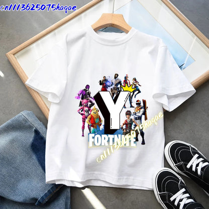 Fortnites Children T-shirts Game Cartoon Print Letter A-Z Fortress Night Tees Game Short Sleeves Tops Summer Boys Girls Clothes