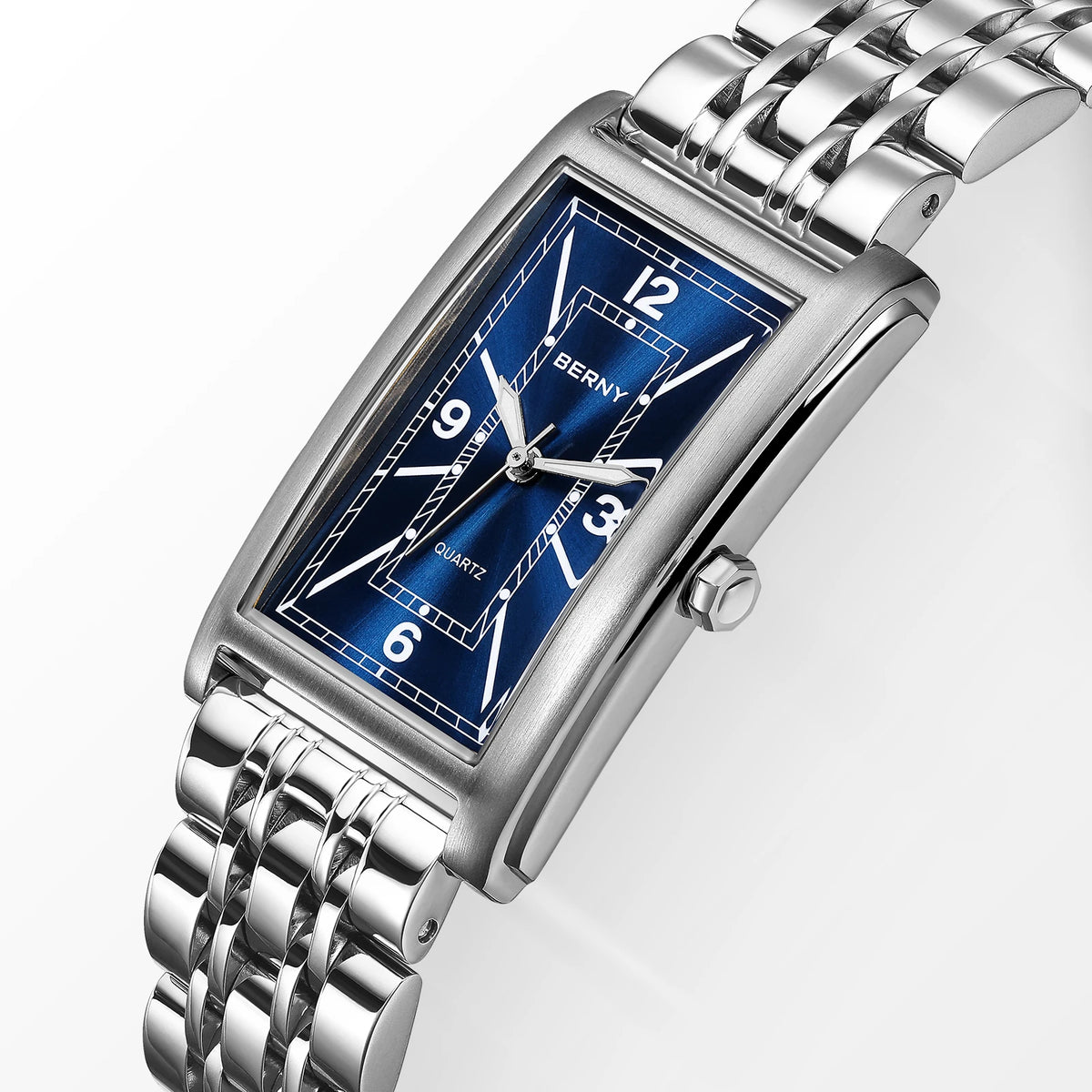BERNY square men’s watch – Quartz movement, Roman numeral dial, luminescent display, 316L stainless steel case – An elegant and casual rectangular watch