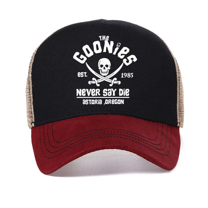 The Goonies Est 1985 Never Say Die miesten baseball-lippis, kesäinen verkkokankainen snapback-lippalakki, muodikas hengittävä vapaa-ajan aurinkohattu ulkokäyttöön